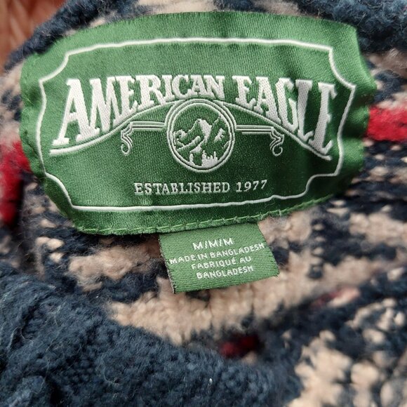 American Eagle Mens Hooded Sweater Size Medium Birdseye Fair Isle Blue Winter - Picture 3 of 11